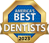 Official gold and blue seal, stating "America's Best Dentist 2023"